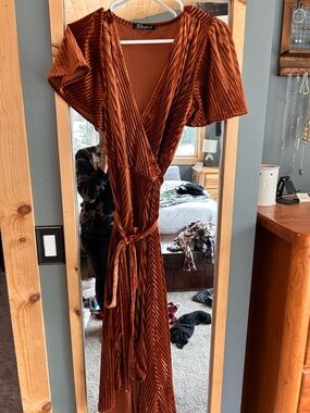 Simplee Apparel Rust Velvet High-Low Wrap Dress